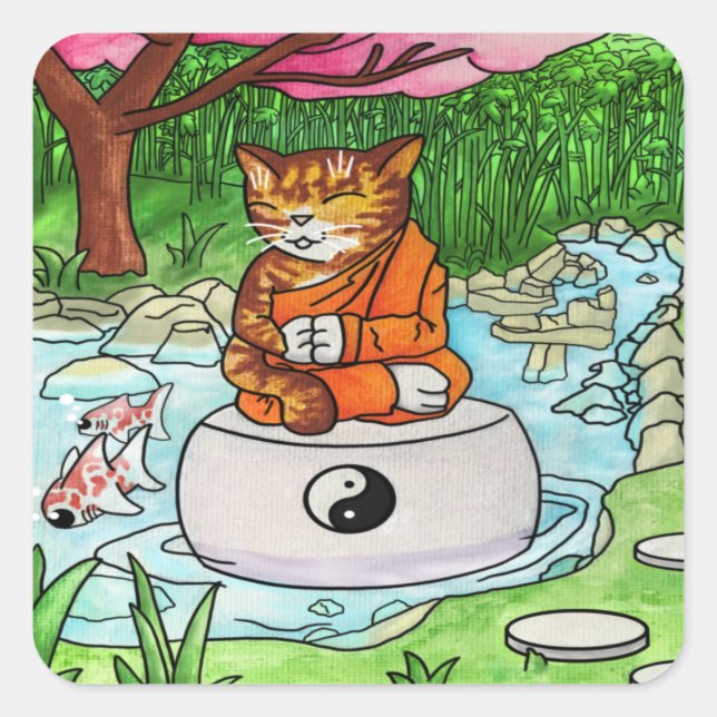 Buddhist Tabby Meditation Cat Square Sticker (Front)