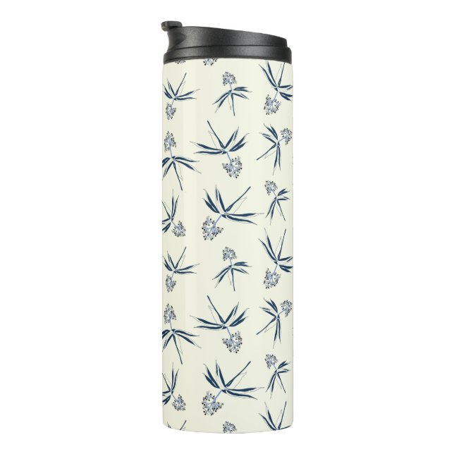 Budding Blue Branches on cream - seamless pattern. Thermal Tumbler (Rotated Right)
