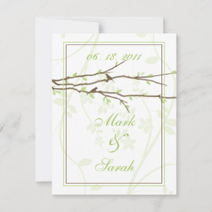 Budding Branches with Birds White 7 Green RSVP Card