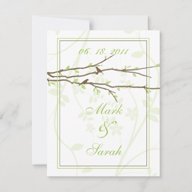 Budding Branches with Birds White 7 Green RSVP Card (Front)