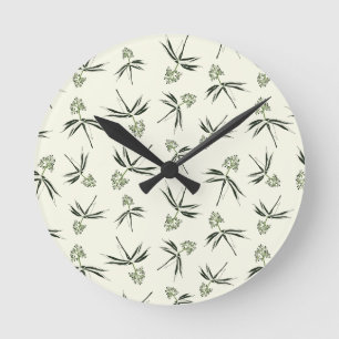 Budding Green Branches on cream - seamless pattern Round Clock