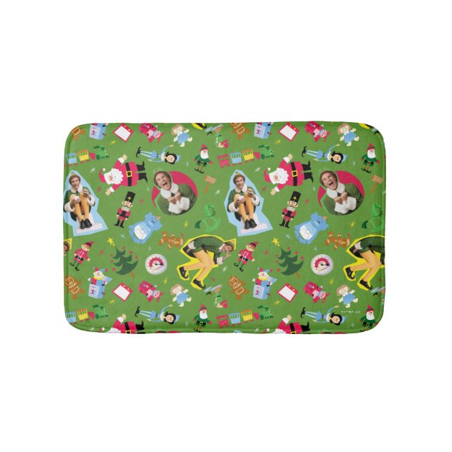 Buddy the Elf and Christmas Icons Pattern Bath Mat (Front)