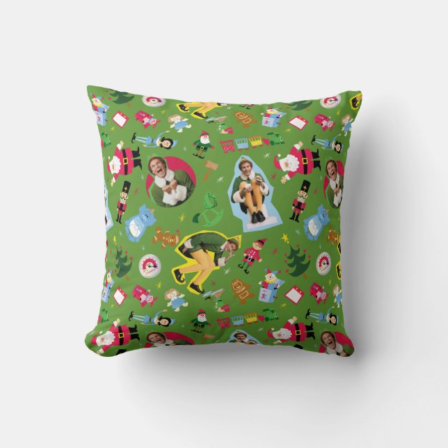 Buddy the Elf and Christmas Icons Pattern Throw Pillow (Front)