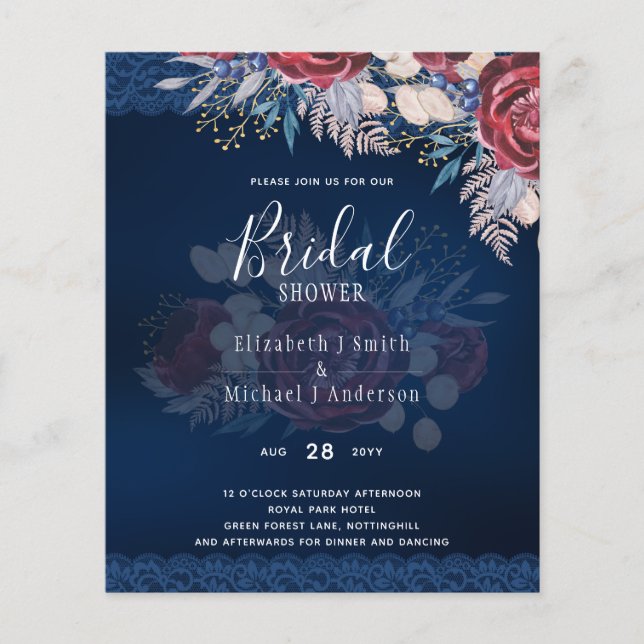 Budge Burgundy Blue Floral Bridal Shower Invite Flyer (Front)