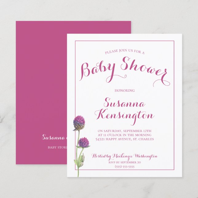 Budge Pink Thistle Baby Girl Shower Invitation (Front/Back)