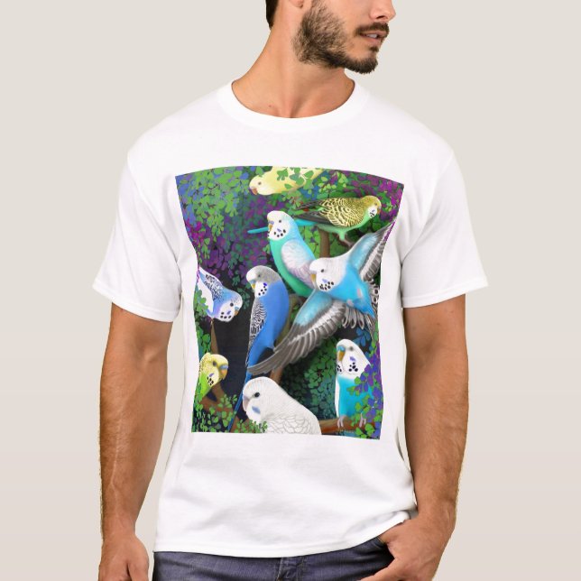 Budgerigar Parakeets and Ferns T-Shirt (Front)