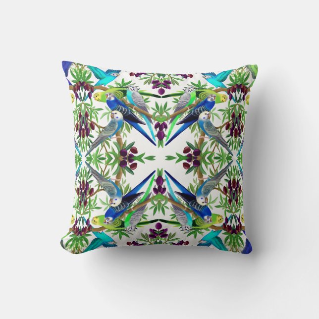 Budgerigar Parakeets in Olive Tree Pillow (Front)