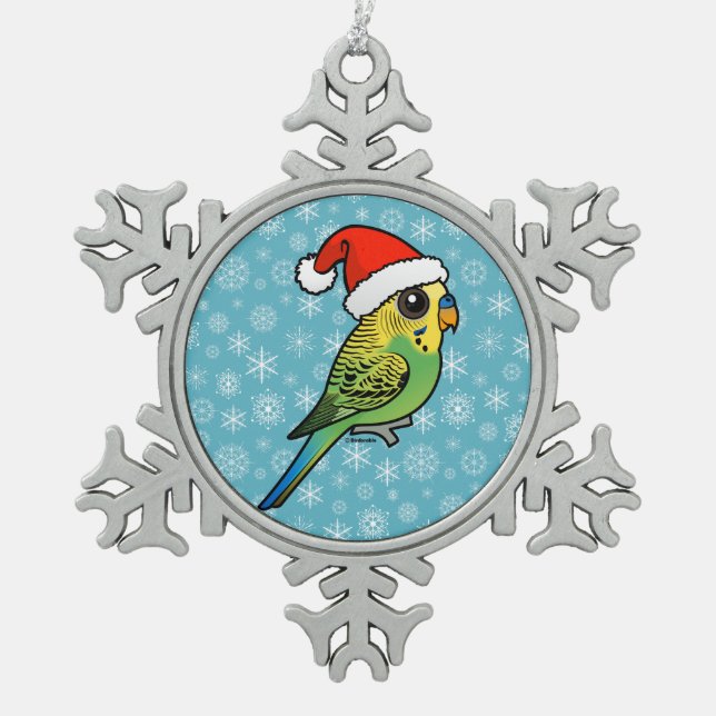 Budgerigar Santa Claus Snowflake Pewter Christmas Ornament (Front)