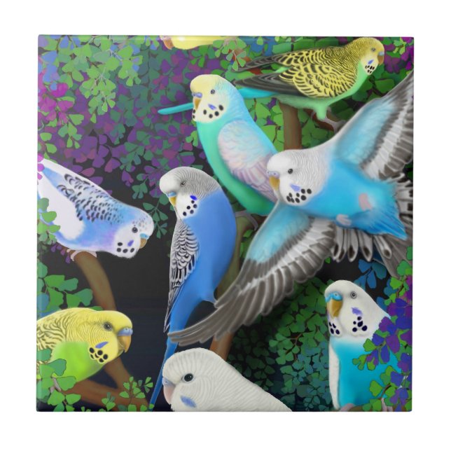 Budgerigars in Ferns Tile (Front)