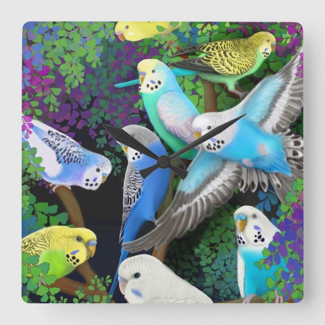 Budgerigars in Ferns Wall Clock (Front)