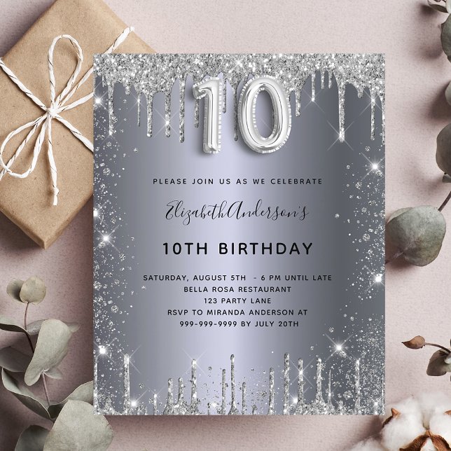 Budget 10th birthday silver glitter invitation (Creator Uploaded)