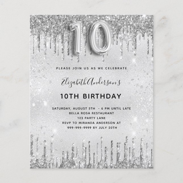 Budget 10th birthday silver glitter invitation (Front)