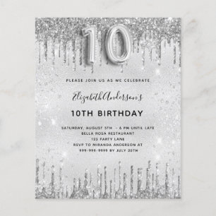 Budget 10th birthday silver glitter invitation