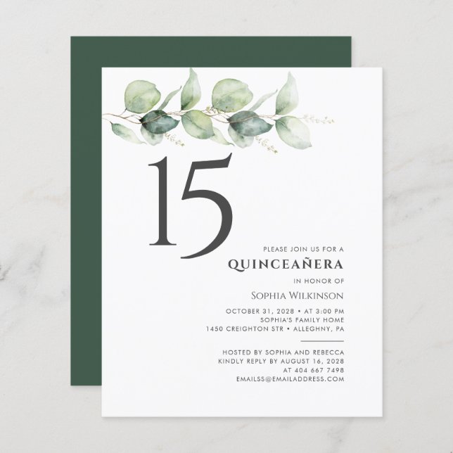 Budget 15th Birthday Eucalyptus Quinceanera Invite (Front/Back)