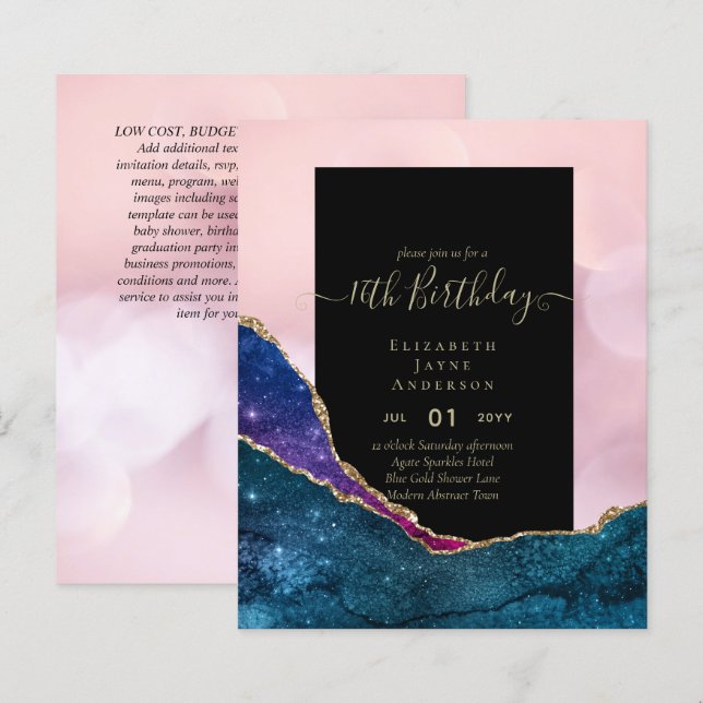 BUDGET 16th Birthday Glittery AGATE Sparkle Invite (Front/Back)