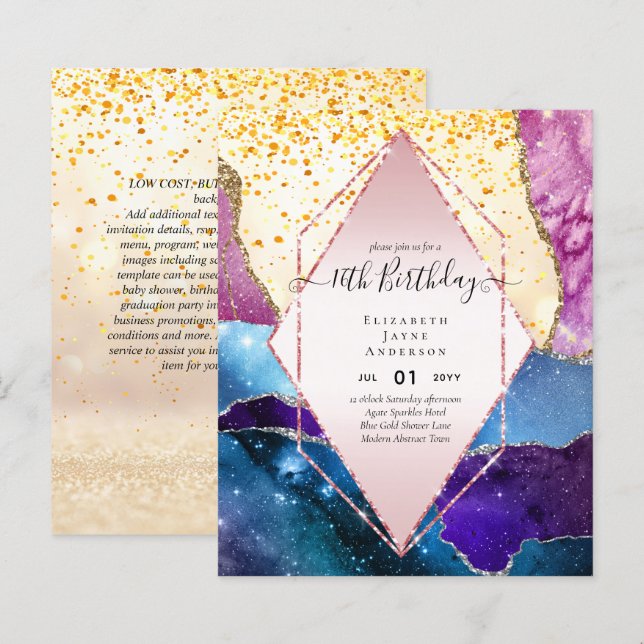 BUDGET 16th Birthday Glittery AGATE Sparkle Invite (Front/Back)