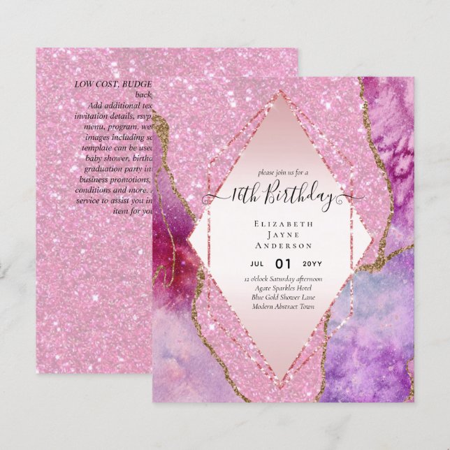 BUDGET 16th Birthday Glittery AGATE Sparkle Invite (Front/Back)