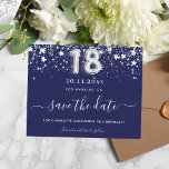 Budget 18th birthday navy blue silver save date<br><div class="desc">A girly and trendy Save the Date card for a 18th birthday party. A navy blue coloured background. Decorated with faux silver stars. The text: Save the Date is written with a large trendy hand lettered style script. Number 18 is written with a balloon style font.</div>