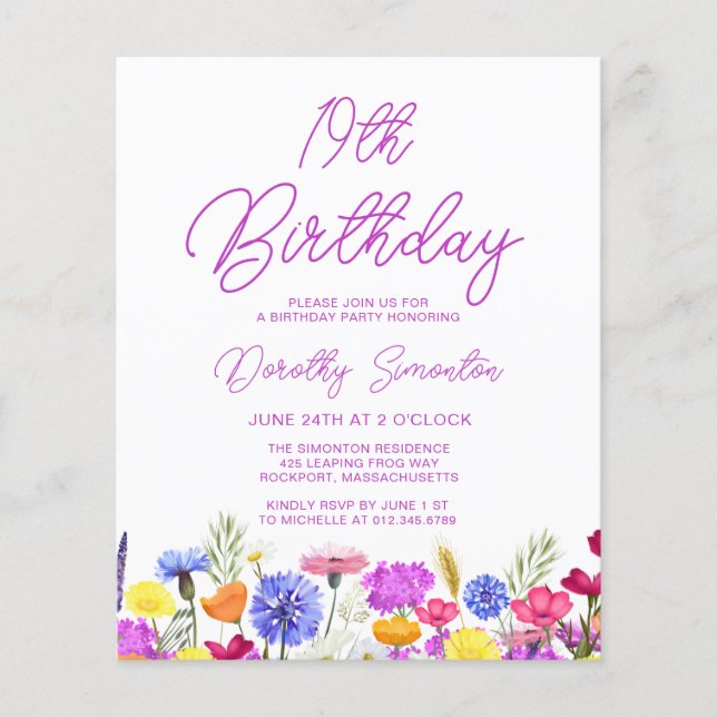 BUDGET 19th Birthday Purple Wildflower Invitation (Front)