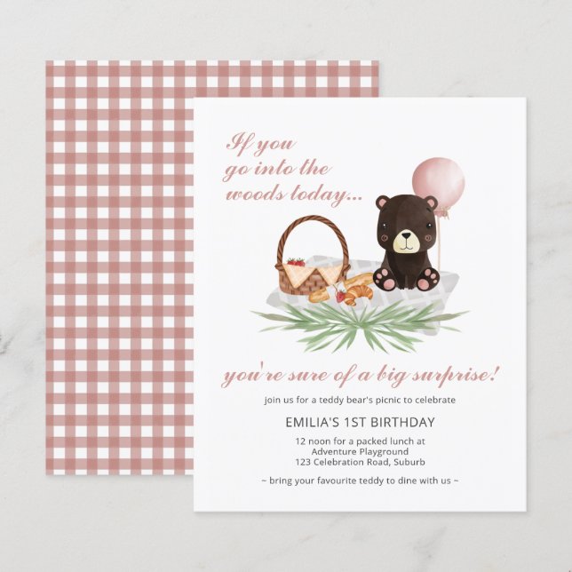 Budget 1st Birthday Teddy Bear Picnic Pink Invite (Front/Back)
