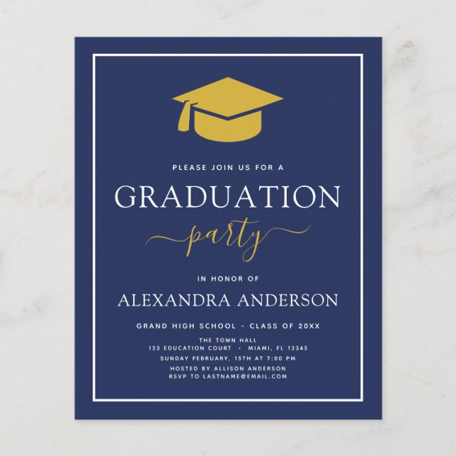 Budget 2022 Graduation Navy Blue Gold Invitation (Front)