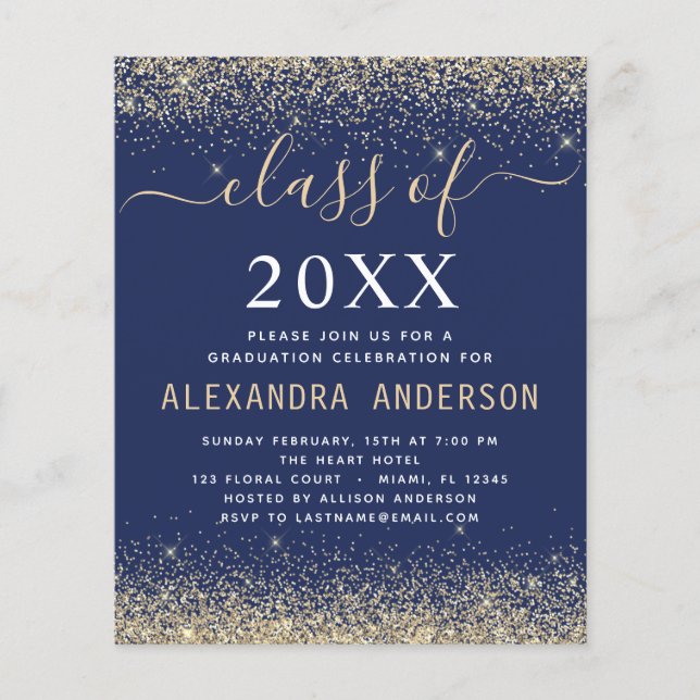 Budget 2023 Graduation Gold Navy Blue Invitation Flyer (Front)