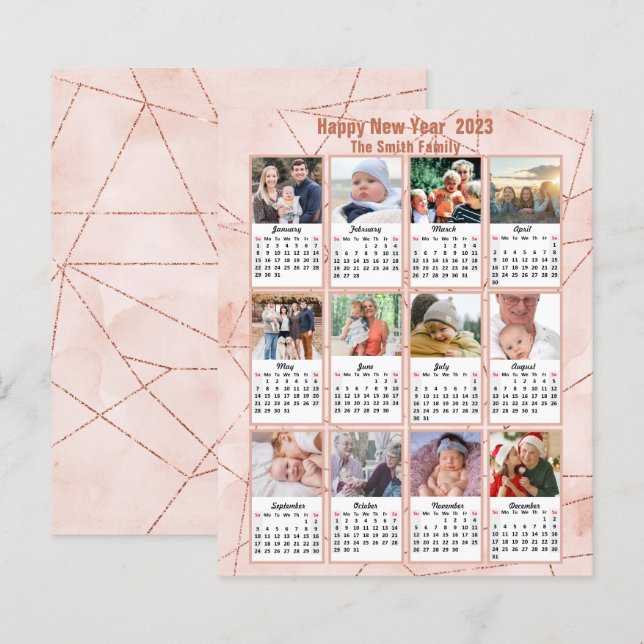 Budget 2023 Rose Gold Modern Photo Calendar Card (Front/Back)