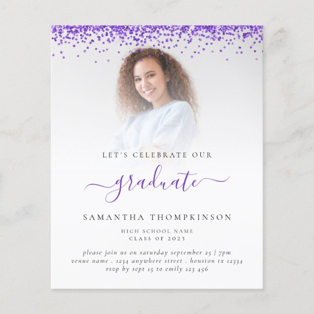 Budget 2024 Grad Photo Purple Glitter Invitation (Front)
