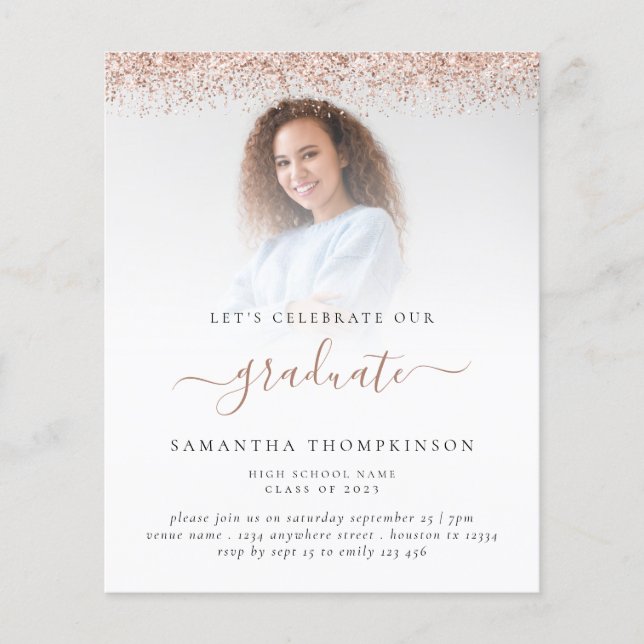 Budget 2024 Grad Photo Rose Gold Glitter Invite (Front)
