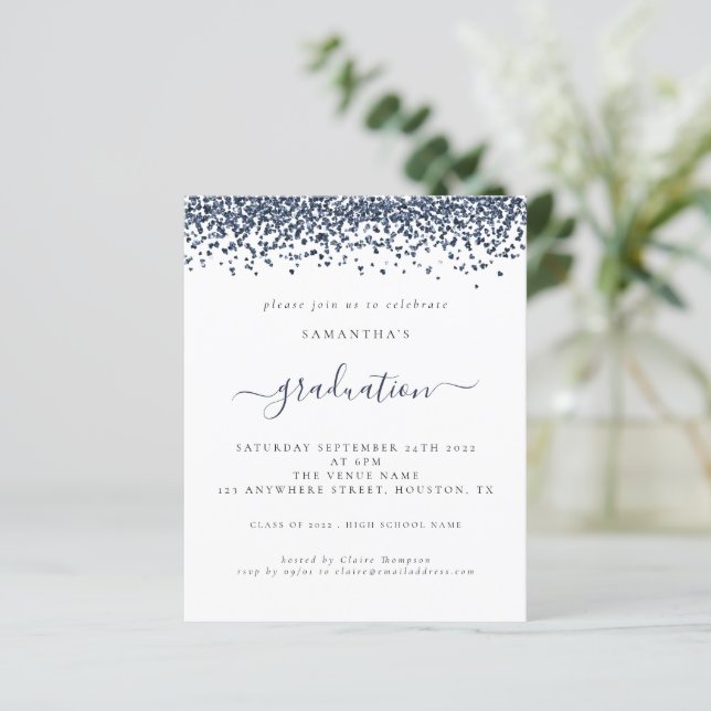 Budget 2024 Graduation Navy Blue Glitter Invite (Standing Front)