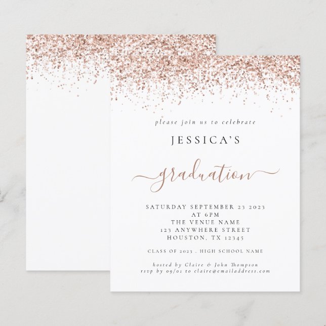 Budget 2024 Graduation Rose Gold Glitter Invite (Front/Back)