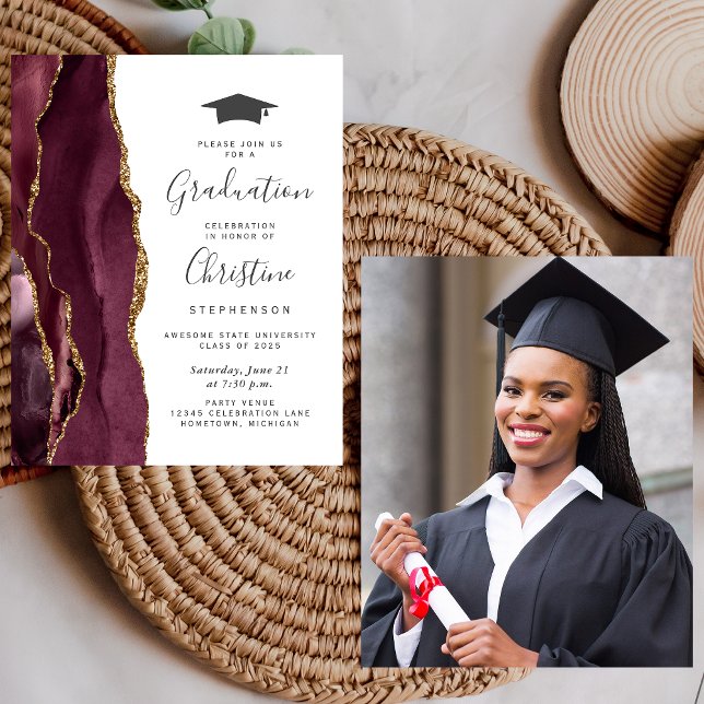 Budget 2025 Burgundy Gold Agate Graduation Invite (Creator Uploaded)