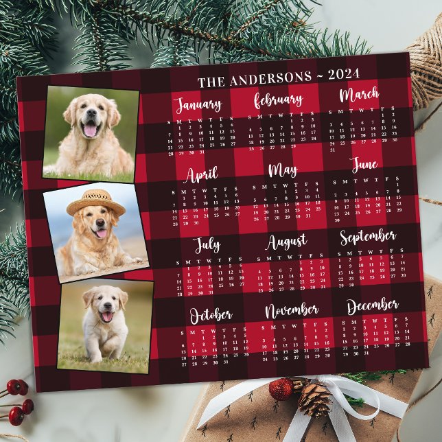 Budget 2026 Photo Pet Dog Red Plaid Calendar Card (Creator Uploaded)