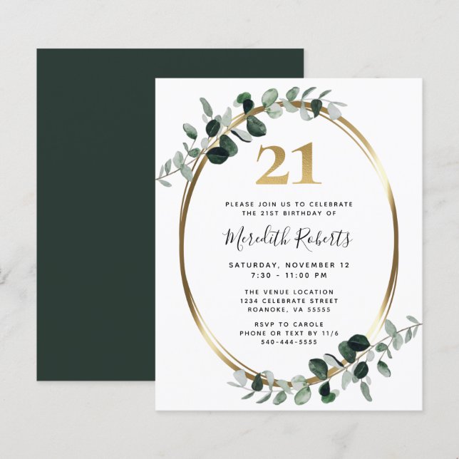 Budget 21st Birthday Eucalyptus Gold Party Invite (Front/Back)