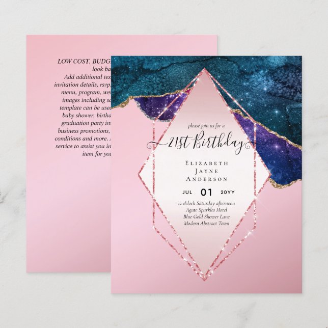 BUDGET 21st Birthday Glittery AGATE Sparkle Invite (Front/Back)