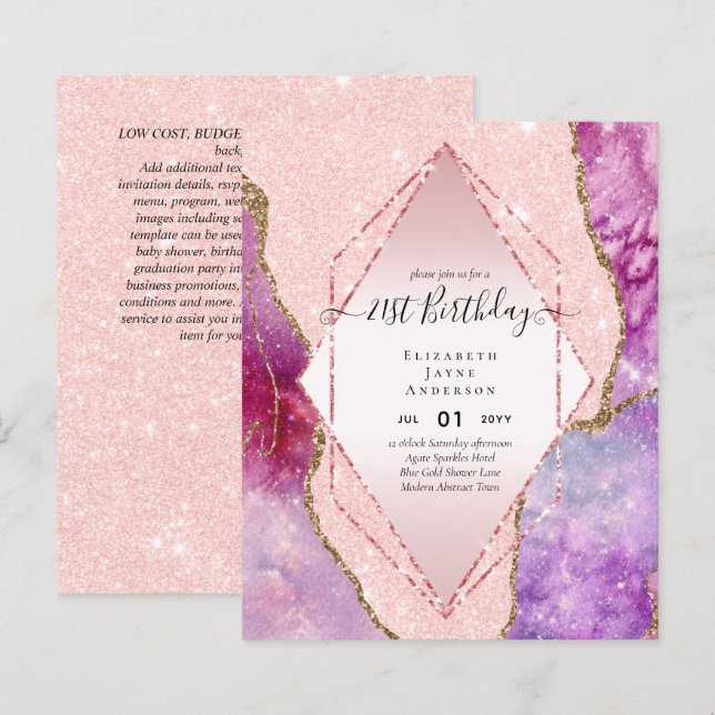 BUDGET 21st Birthday Glittery AGATE Sparkle Invite (Front/Back)