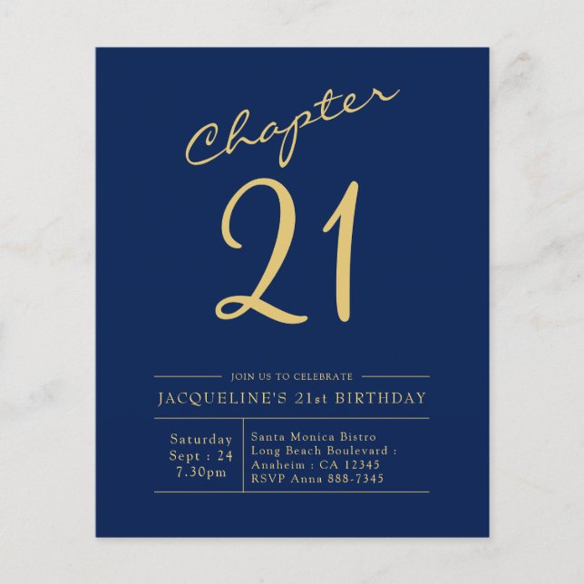 Budget 21st Birthday Invitation Blue Gold Flyer (Front)