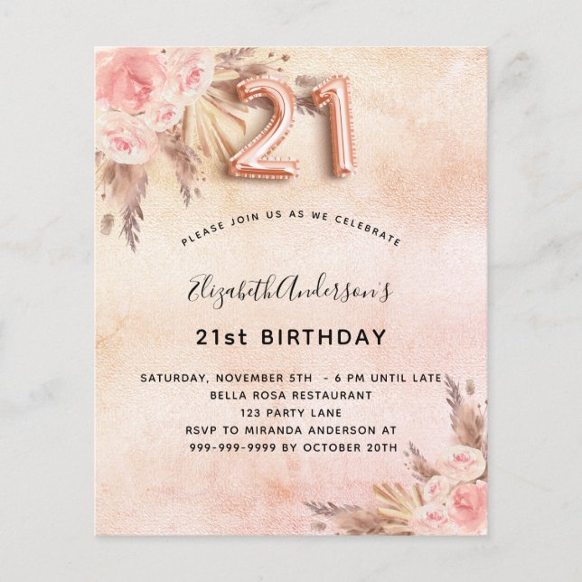 Budget 21st birthday pampas grass rose invitation (Front)