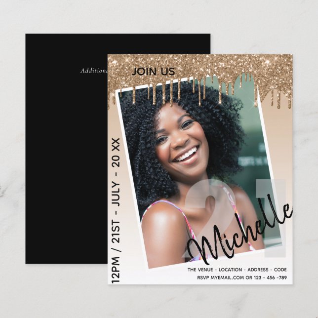 BUDGET 21st Birthday PHOTO Dripping Glitter Invite (Front/Back)