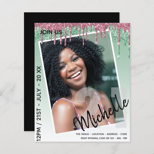 BUDGET 21st Birthday PHOTO Dripping Glitter Invite (Front/Back)