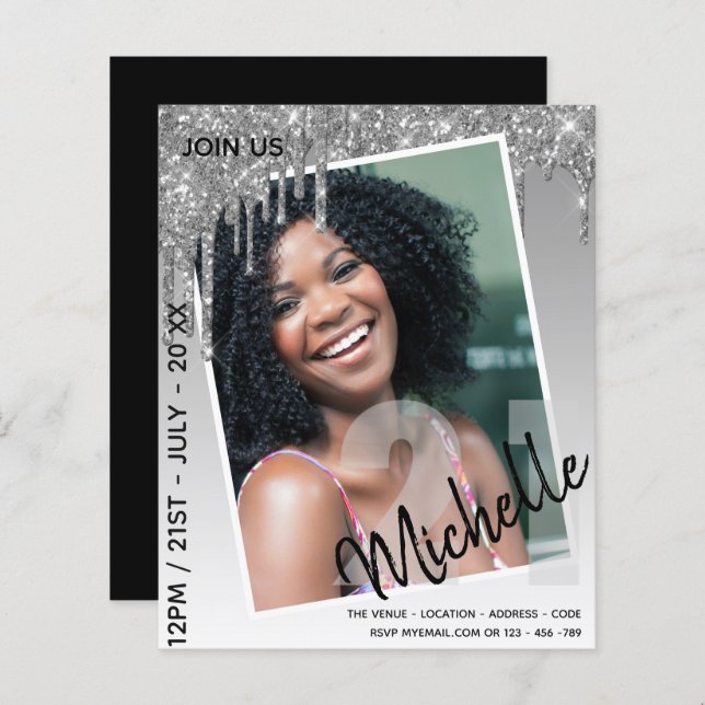 BUDGET 21st Birthday PHOTO Dripping Glitter Invite (Front/Back)