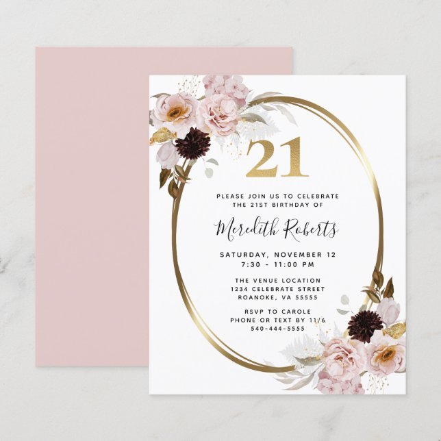 Budget 21st Birthday Rose Floral Gold Party Invite (Front/Back)