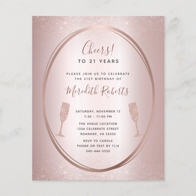 Budget 21st Birthday Rose Gold Champagne Invite (Front)