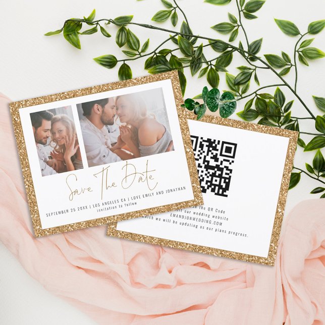 Budget 2 Photo Gold Glitter Wedding Save the Date (Creator Uploaded)