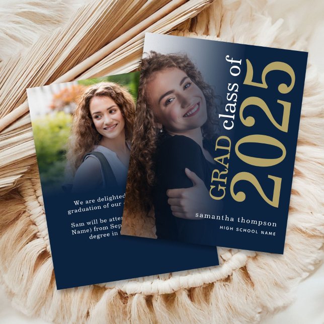 Budget 2 photo Navy Gold 2025 Graduation Announce (front and back view)