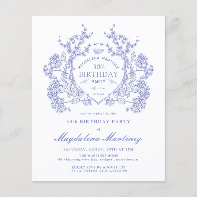 BUDGET 30th Birthday Blue Floral Crest (Front)