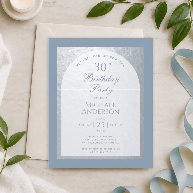 Budget 30th Birthday Dusty Blue Silver Invitation (Creator Uploaded)