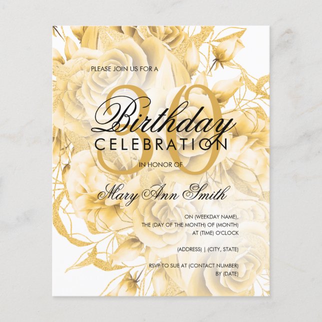 Budget 30th Birthday Floral Gold Invite  Flyer (Front)