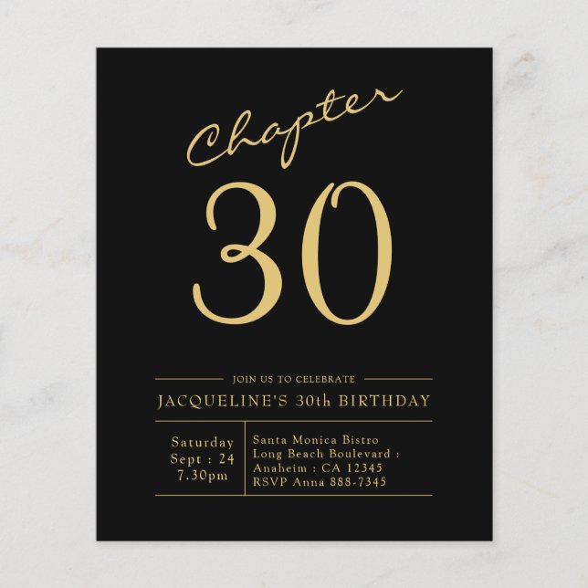 Budget 30th Birthday Invitation Black Gold Flyer (Front)