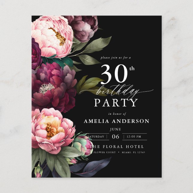 Budget 30th Birthday Moody Floral Invitation Flyer (Front)